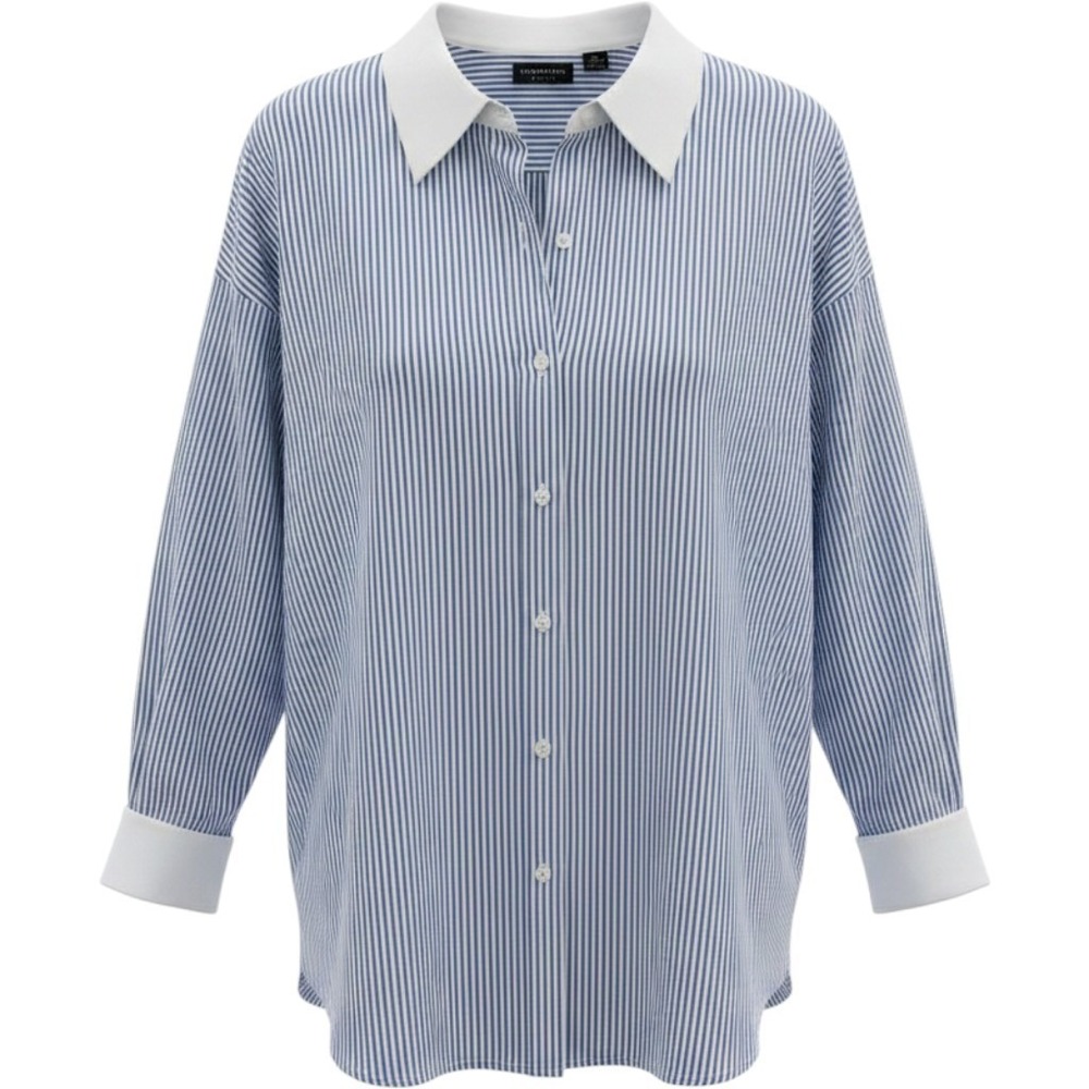 Liz Claiborne Classics Women 16 Blue White Striped Cotton Button Down Shirt Cuff